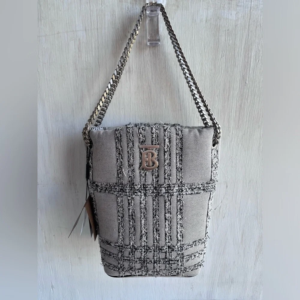 BURBERRY Lola Needle Punch Check Canvas Small Bucket Bag- Black and White - Picture 3 of 13